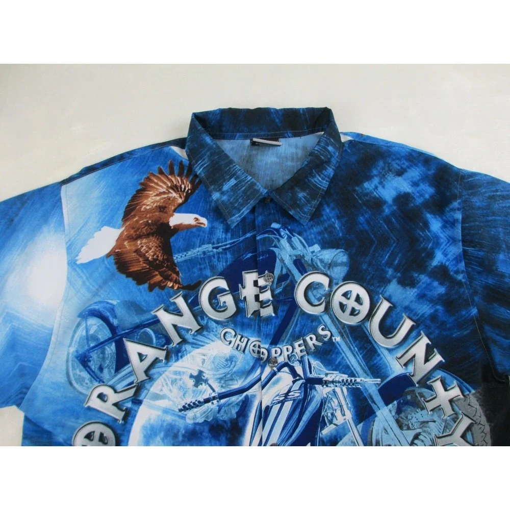 VINTAGE Orange County Choppers Shirt Mens 2XL XXL Blue All Over Print Button Up*